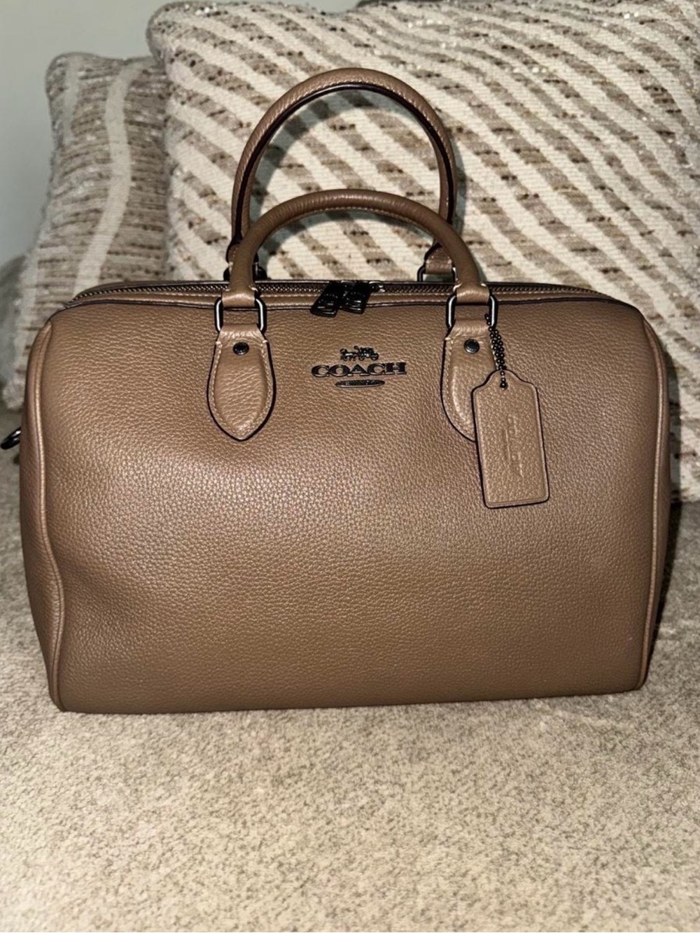 Coach Pebbled Leather Crossbody Satchel in Taupe Brown